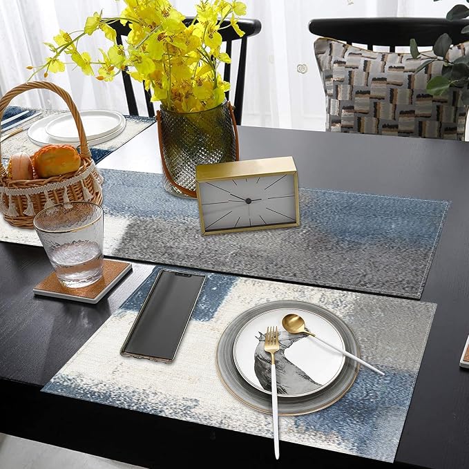 Table Runner and Placemats Set of 6, Abstract Farmhouse | Painting Blue Grey - Image 6