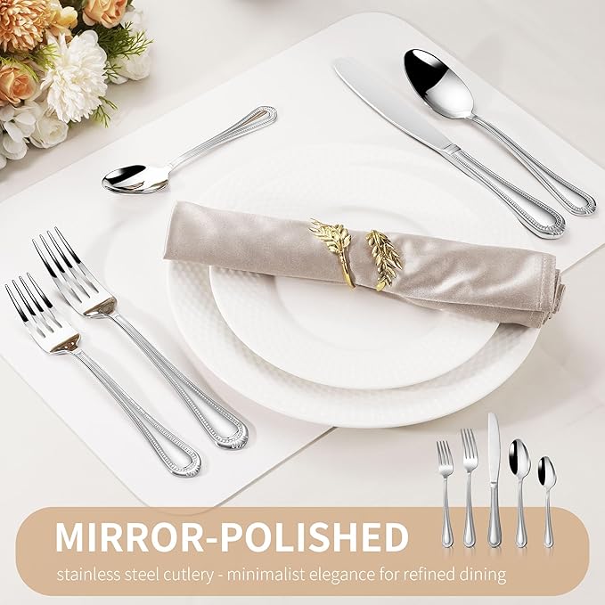 Heavy Duty Silverware Set for 12, 18/10 Stainless Steel, 60 Pieces Silverware Knife Spoon and Fork Set, Dishwasher Safe Flatware Set with Beaded Edge Handle