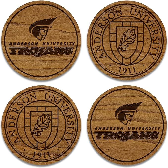 LazerEdge Anderson Trojans Wooden Coaster Set - Cherry Wood - Officially Licensed Product - 4-Pack