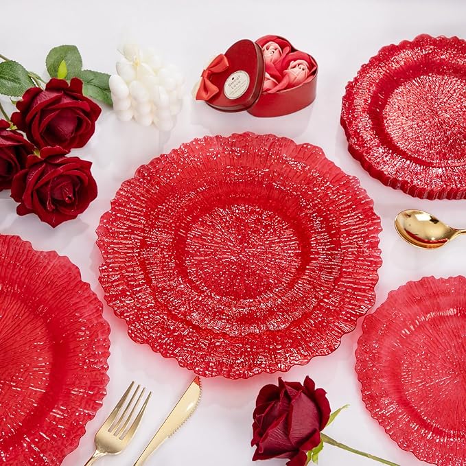 U-QE 60PCS Clear and Red Plastic Plates - Reef Plastic Plates Disposable&Reusable - Clear Red Plates Including 30 Plastic Dinner Plates 10" & 30 Plastic Dessert Plates 7" Perfect for Valentine's Day