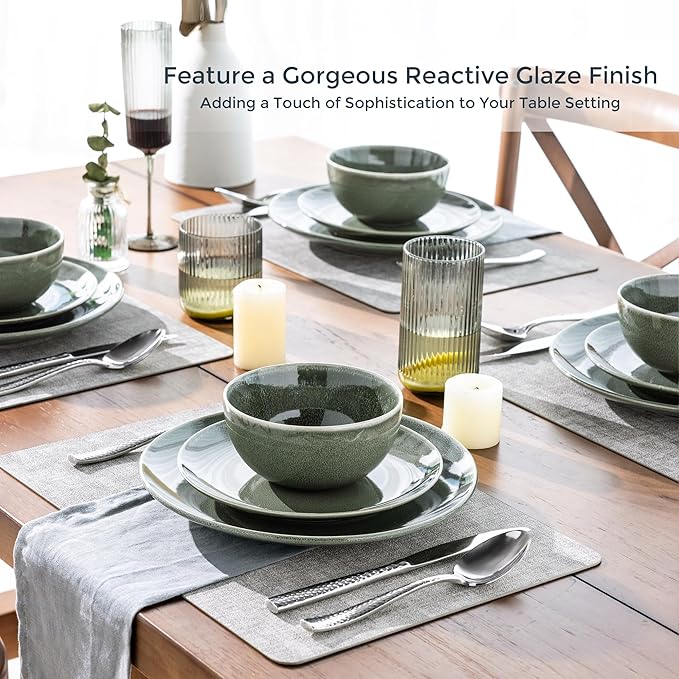 AmorArc Ceramic Dinnerware Sets for 6, 18 Pieces Handpainted Plates and Bowls Set, Scratch Resistant Stoneware Dishes Set, Dishwasher & Microwave Safe, Jade Green