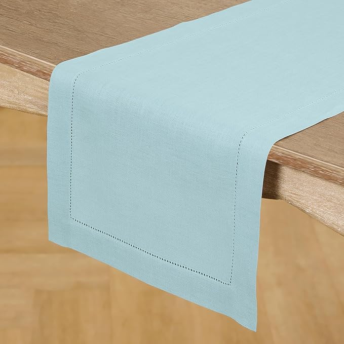 Solino Home 100% Pure Linen Table Runner Aqua Blue Hemstitch, 14 x 108 in | - Image 2