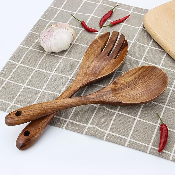 AOOSY Wooden Salad Tongs, 10.2 In Acacia Wood Salad Servers, Long Handle Salad - Image 3