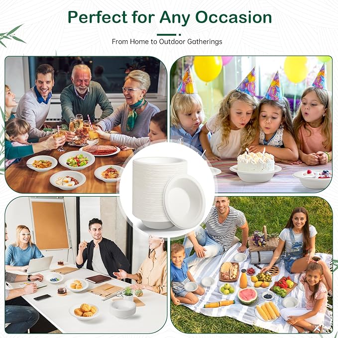 𝟭𝟮 𝗼𝘇, 𝟭𝟮𝟴-𝗣𝗮𝗰𝗸 Compostable Paper Bowls, Heavy-Duty Biodegradable Disposable Bowls Made from Bagasse, Eco-Friendly, Microwave & Freezer Safe (White)