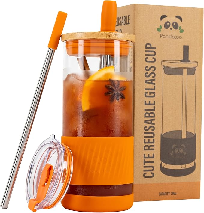 Pandaloo® Glass Cups With Lids and Straws -20 Fl Oz- Perfect Size Iced Coffee by Pandaloo