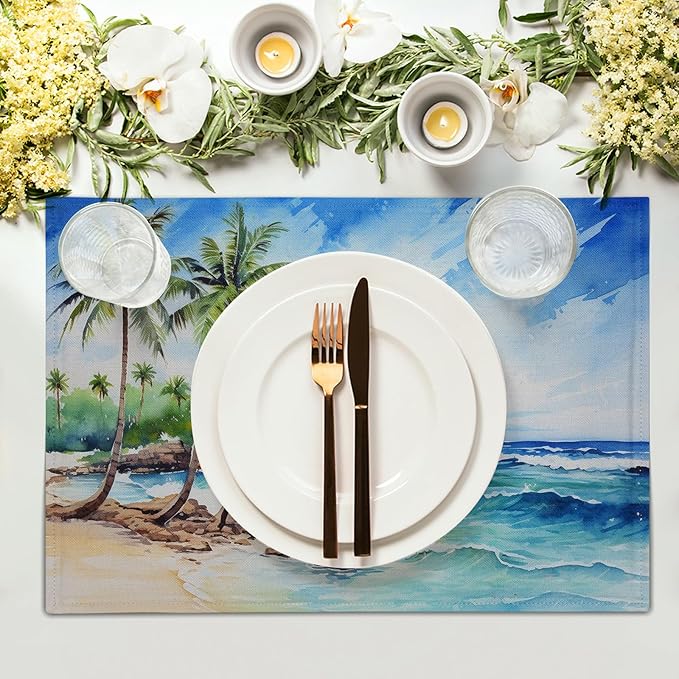 Beach Placemats Set of 4 - Palm Tree Place Mat 12x18 Inch Summer Sea Coastal Table Mat for Party Kitchen Dining Home Holiday Party Decor