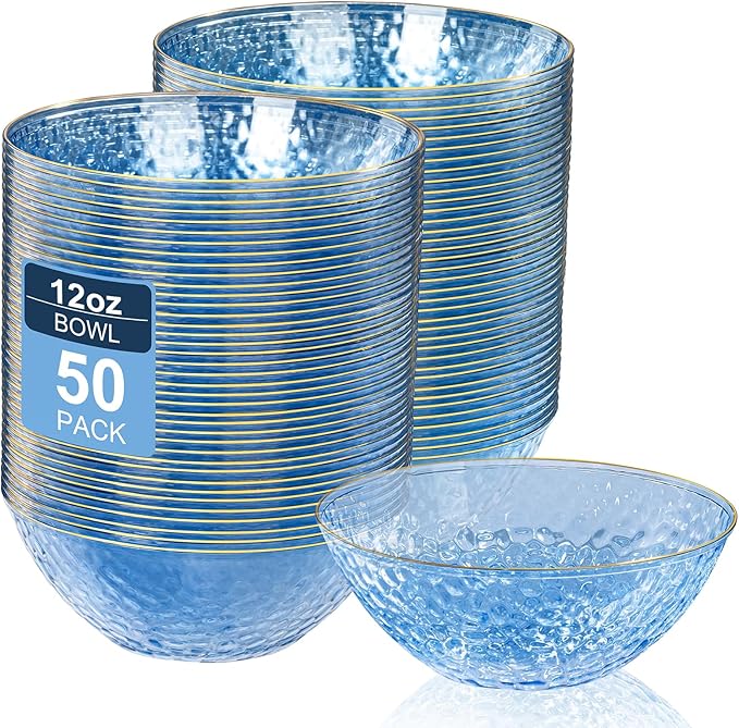 I00000 50 Pack 12 Ounce Blue Plastic Bowls Hammered Clear Bowl with Gold Rimmed, Heavy Duty Disposable Bowl Set,Elegant Small Bowls for Party, Weddings, Catering