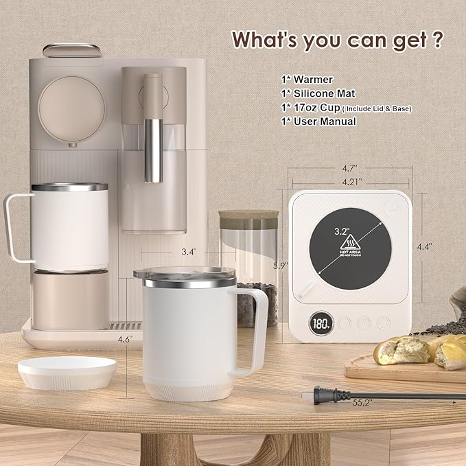 Coffee Mug Warmer & Mug Set for Desk, Smart Coffee Cup Warmer with 16oz Heated Mug, Coffee Heater with Auto Shut Off for Office/Home, Birthday/Valentine's Day/Coffee Gifts for Men & Women, White