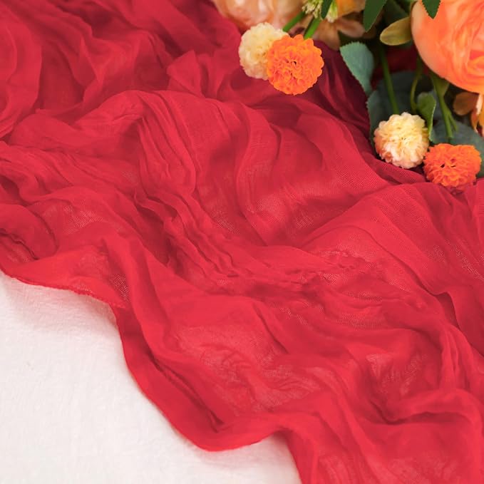 Snowkingdom 10 Ft Red Valentine's Day Cheesecloth Table Runner, 120 inch Long - Image 3