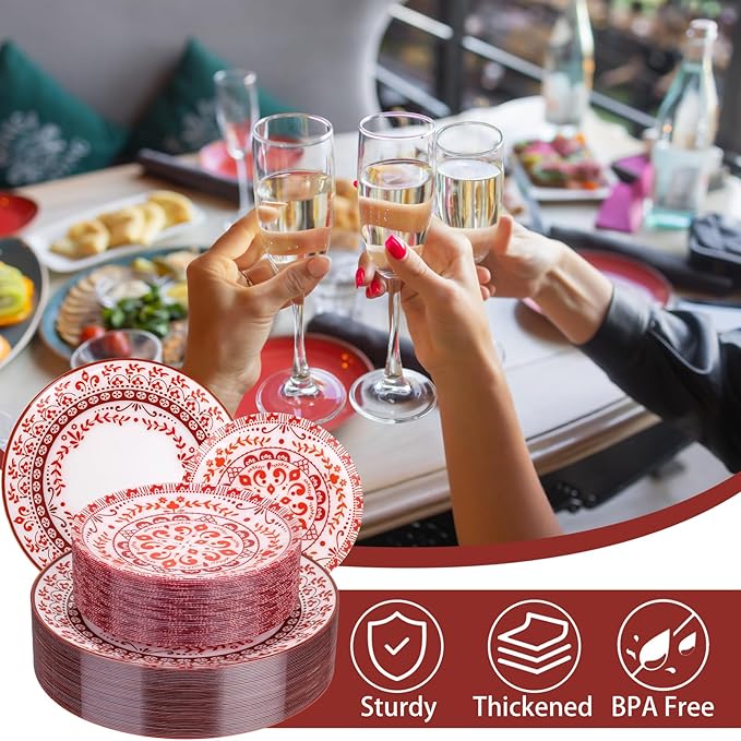 Hioasis 60pcs Red Plastic Plates Set - Floral Red & White Porcelain Design, 10.25" Dinner & 7.5" Dessert Plates Disposable for Christmas (Dishwasher Safe, Traditional Style)