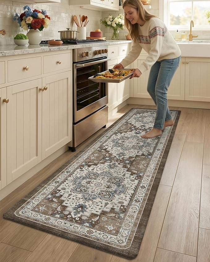 Color&Geometry Anti Fatigue Kitchen Mats for Floor 24x87, Vintage Decor, Easy Clean, Waterproof & Oil Proof, 0.4" Thick Cushioned, Non-Slip Kitchen Runner Rug for Sink, Laundry, Office, Brown