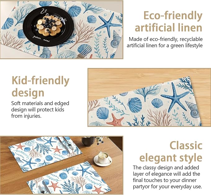 Watercolor Coral Starfish Shell Placemats Set of 6, Washable Table Mats for Kitchen Dining Table, Linen Place Mats for Party Holiday Decoration, Teal Ocean Retro