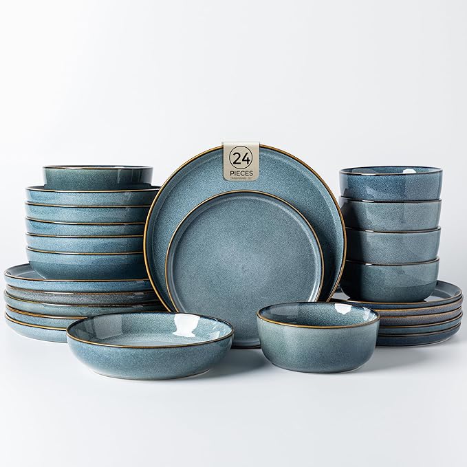 GBHOME 24 Pieces Double Bowls Ceramic Dinnerware Sets for 6, Stoneware Plates and Bowls Set with Reactive Glaze, Scratch Resistant Stoneware Dishes Set, Dishwasher & Microwave Safe
