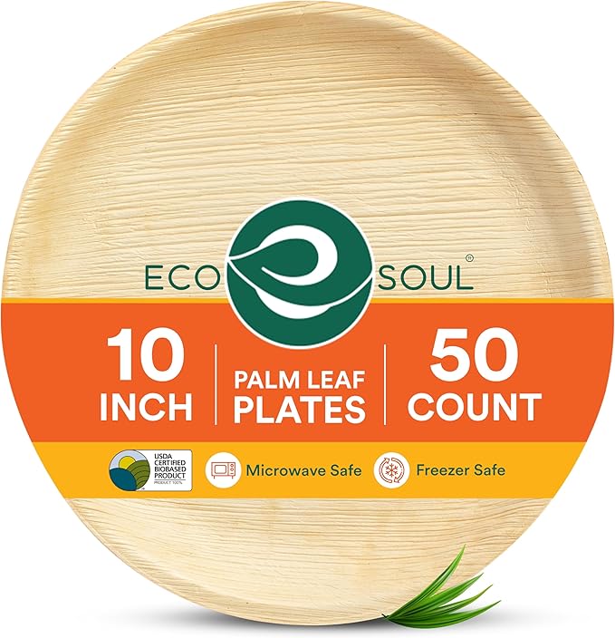 ECO SOUL Palm Leaf Disposable Bamboo Plates 10" Round Compostable & Biodegradable Party Plates for Dinner, Weddings, Parties & Events 50 Count