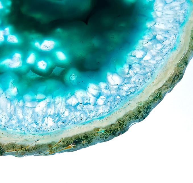 Luxury Lane Set of 4 Large Natural Brazilian Agate Slice Geode Rock Stone Drink Coasters with Wood Holder 4.3-4.7 inch Centerpiece Table Decoration, Teal