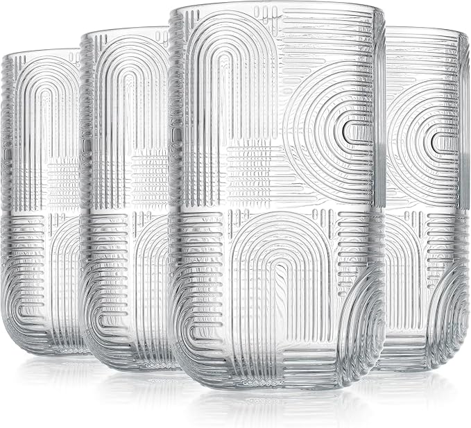 Highball Glasses Set of 8, 14 oz Embossed Drinking Glasses, Vintage Art Deco - Image 2