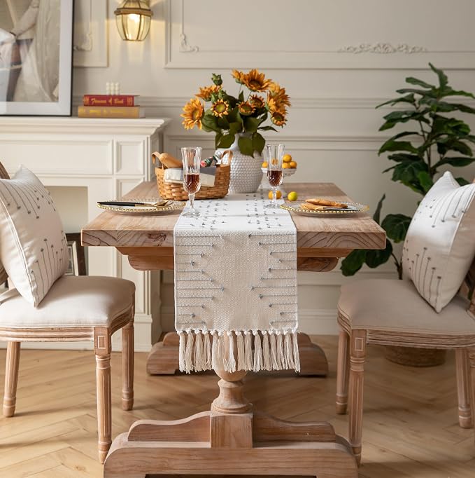 Boho Table Runner 13 x 108 Inch Long Natural Cotton Woven Runner - Image 6