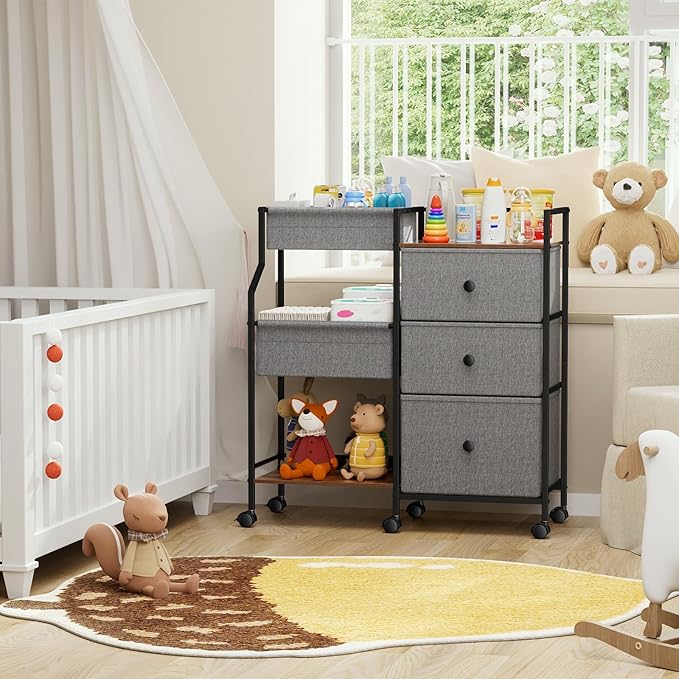 Baby Diaper Caddy Organizer Cart - 3 Tier Rolling Cart with Dividers and Drawers, Easy To Assemble, Mobile Utility Cart with Wheels for Nursery, Bedroom, Changing Table & Crib