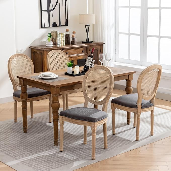 Vintage French Rattan Dining Chairs Set of 4, Solid Wood Frame with Round Rattan Back and Linen Upholstered Seat, Farmhouse Accent Sillas de Comedor Side Chairs for Dining Room & Kitchen, Gray