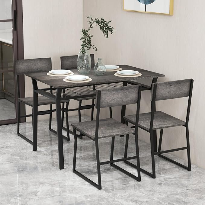 Giantex Dining Table Set for 4, 47”L x 28”W Rectangular Kitchen Table w/ 4 Trapezoid Chairs, Reinforced Metal Frame & Storage Rack, Industrial Space-Saving Dinette Set for Kitchen Dining Room (Grey)
