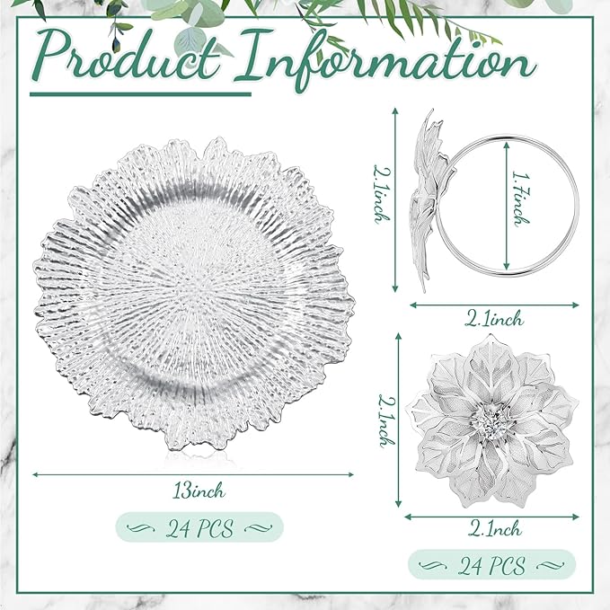 Dandat 48 Pcs Charger Plate Bulk 13'' Floral Reef Plates with Napkin Ring Plastic Dinner Charger Hollow Out Flower Napkin Holder Plastic Plate for Table Setting Wedding Party (Silver)