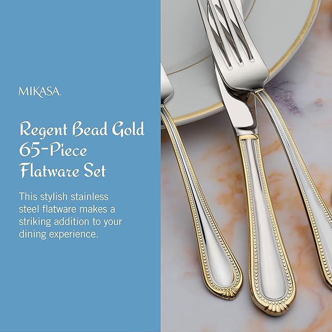 Mikasa, Gold Accent Regent Bead Flatware Service for 12, 65 Piece Set, 18/10 Stainless Steel, Silverware Set with Serving Utensils (Pack of 2)