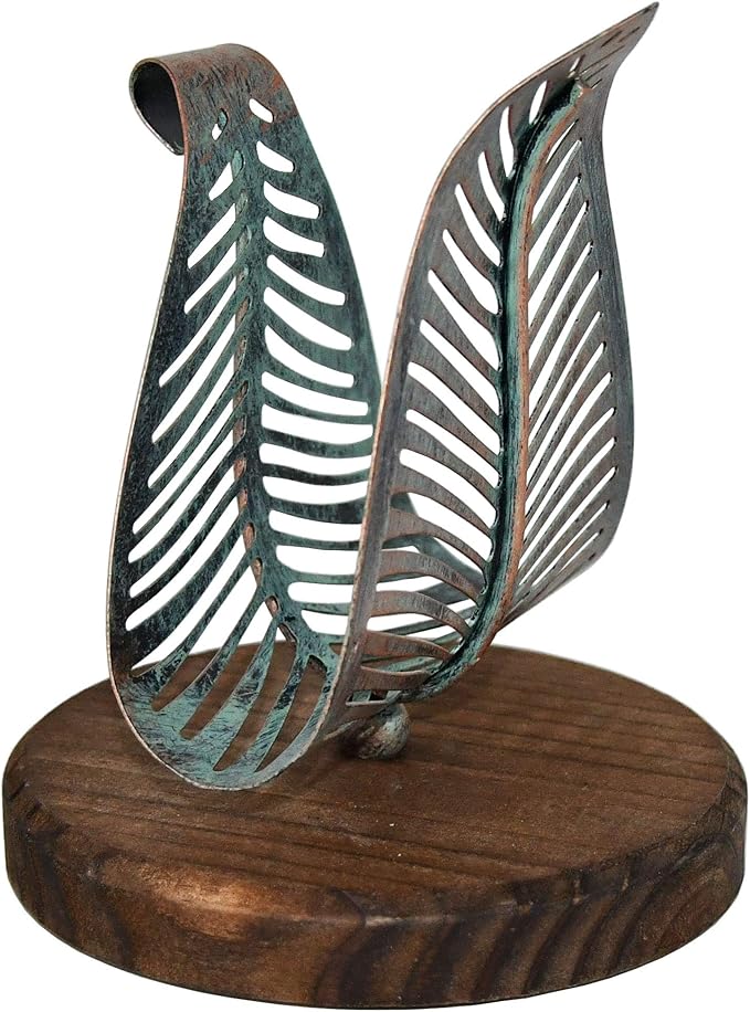 OwlGift Freestanding Modern Napkin Holder w/Golden Turquoise Metal Leaf & Brown Wooden Base Design, Tabletop Tissue Dispenser, Napkin Storage Organizer
