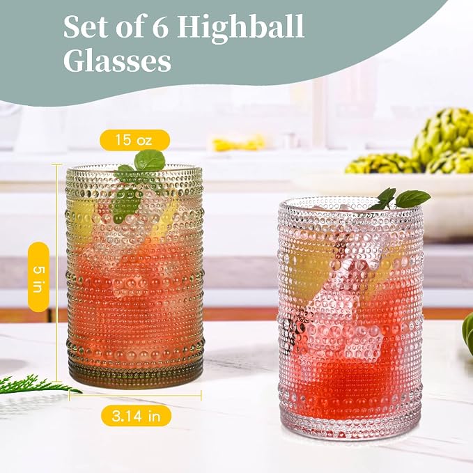 Green Hobnail Drinking Glasses Set of 6, 15 oz Vintage Highball Glasses - Image 3