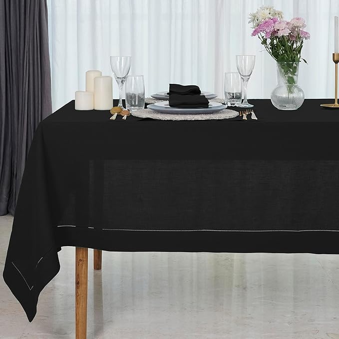D'Moksha Homes Black Linen Tablecloth for Rectangle Tables 60 x 132 Inch - 100% Pure Linen Black Table Cloth - Classic Hemstitch, Machine Washable Dining Tablecloth for Spring, Easter