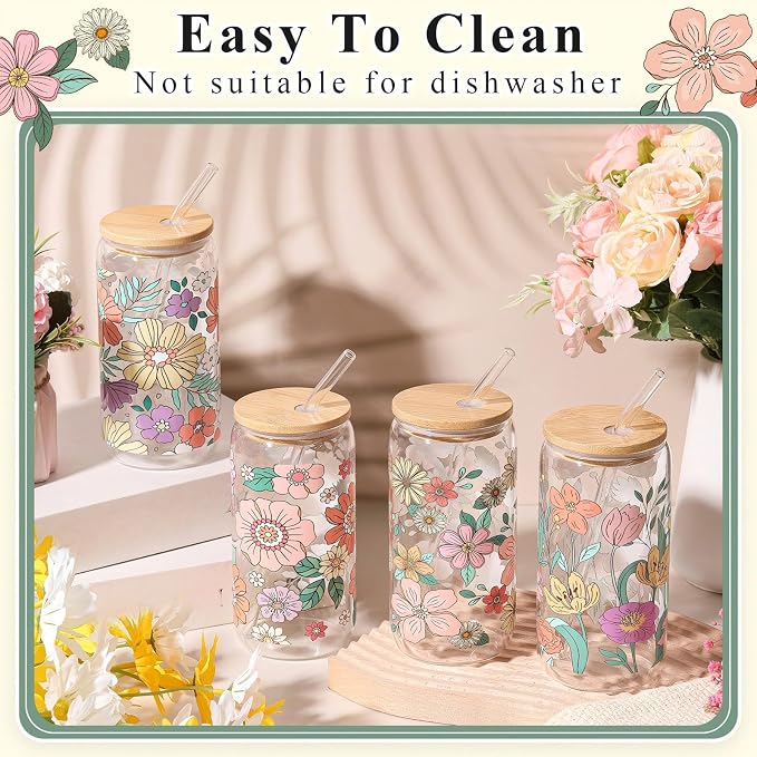 Mumufy 4 Pack Wildflower Glass Cups Gift Aesthetic Cute Glass Cup Tumbler - Image 5