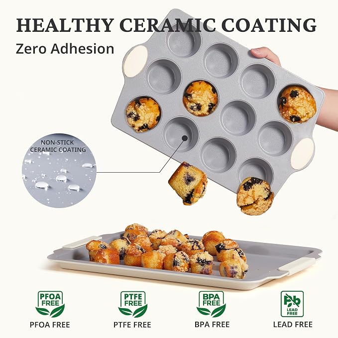 BRONYPRO 12-Cup Ceramic Nonstick Muffin Pan & Cupcake Tin, Cream White | Healthy - Image 2