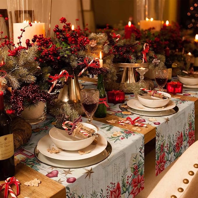 Christmas Poinsettia Table Runner 36 Inches Long, Winter Xmas Balls Birds Table - Image 6