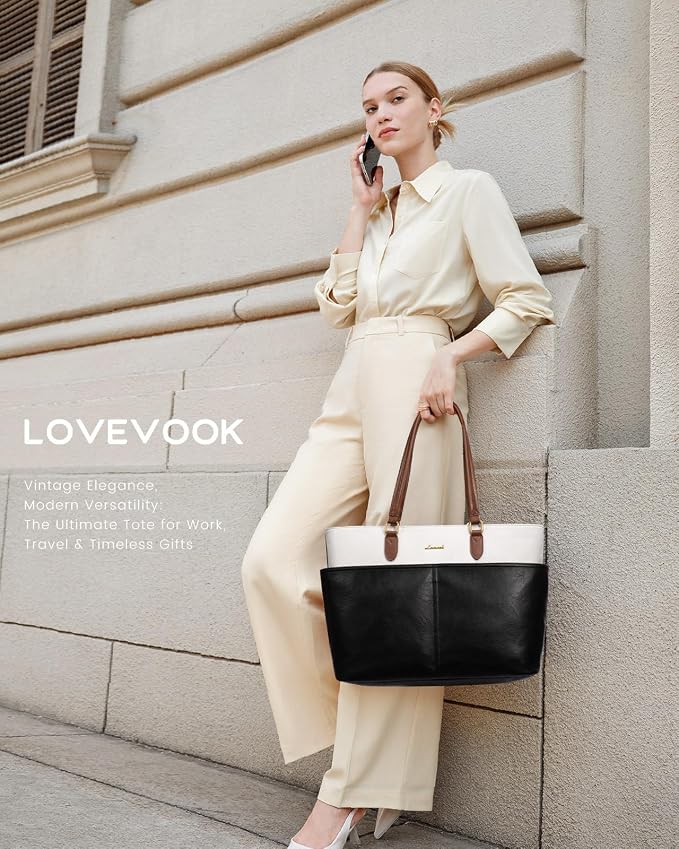 LOVEVOOK Work Tote Bags for Women, Vintage Leather 15.6 Inch Laptop Bag - Image 2