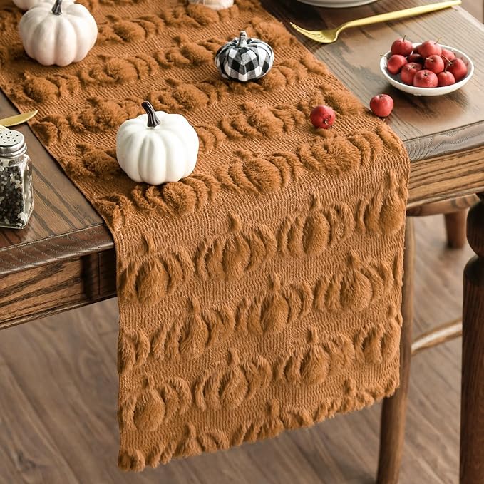 Artoid Mode Caramel Soft Faux Fur Pumpkins Fall Table Runner 13x120 Inch | by ArtoidMode
