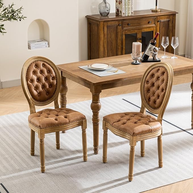Ball & Cast French Vintage Upholstered Dining Chairs Set of 2, Button Tufted Kitchen Side-Chairs with Carved Antique Wood Frame & Nailhead Trims, PU-Leather Curved Backrest Louis Chair, PU Orange
