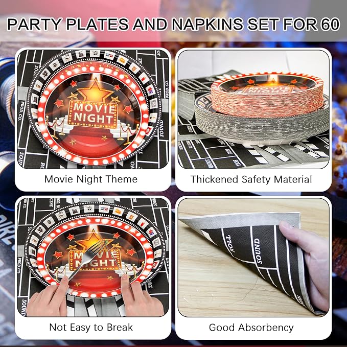 180Pcs Movie Night Party Supplies Paper Plates and Napkins Serve 60 | - Image 3