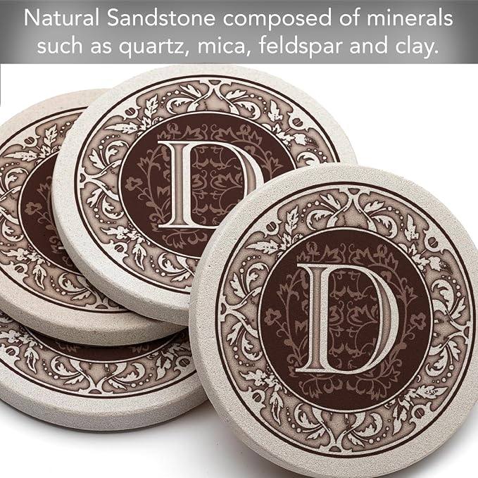 Thirstystone Monogram Natural Sandstone Coaster 4 Pack | 4" Diameter, - Image 5