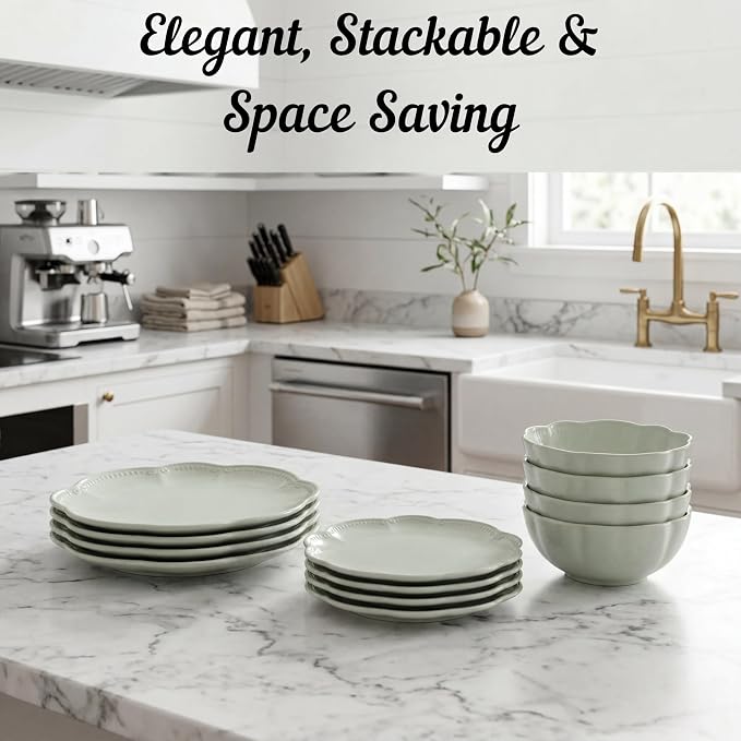 Sango 12 Pieces Scalloped Dinnerware Set, Sage Green Dishes - Image 7