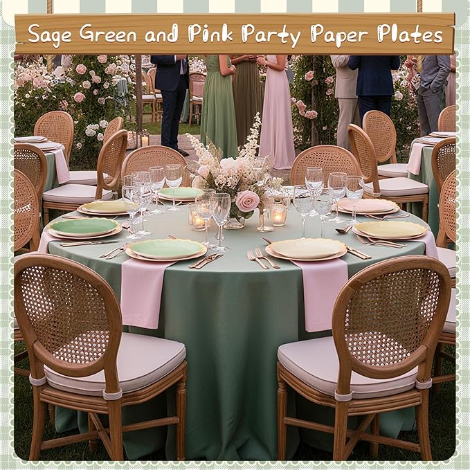 48 Pcs Sage and Pink Paper Plates 9 Inch Gradient Scalloped Paper Disposable Dinner Dessert Plates for Birthday Wedding Bridal Party Supplies, 6 Colors