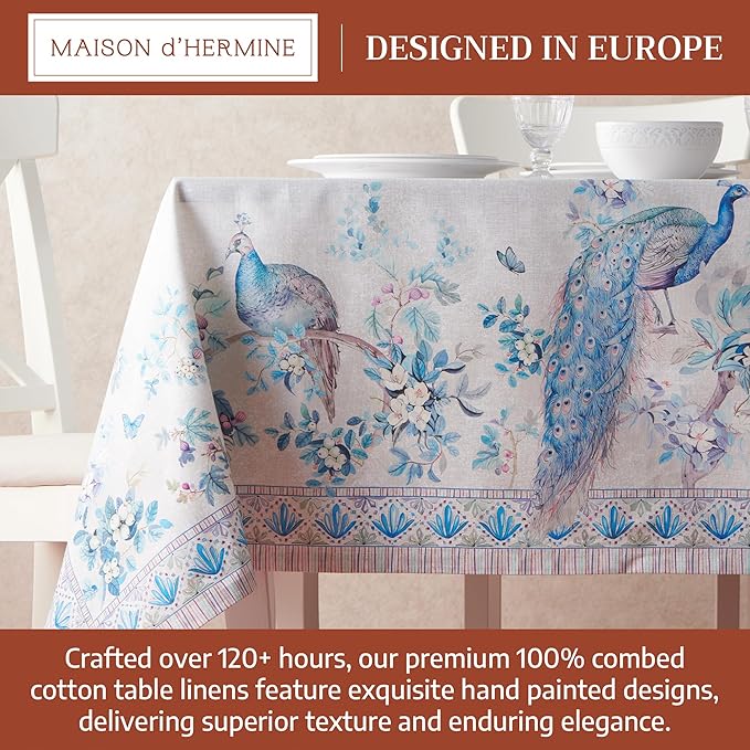 Maison d' Hermine Premium Table Cloth Rectangle Table 100% Combed Cotton 120 x 70 Inches Tablecloth Reusable Decorative for Dining Room, Farmhouse, Party, Festive & Wedding - Peacock Utopia - Orginal