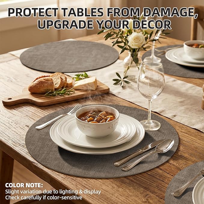 15 inch Faux Leather Round Placemats Set of 4 Non-Slip Washable Wipeable Table Mats, Heat Resistant Waterproof Oilproof Dark Coffee Place Mats for Kitchen, Dining, Party, Indoor, Outdoor