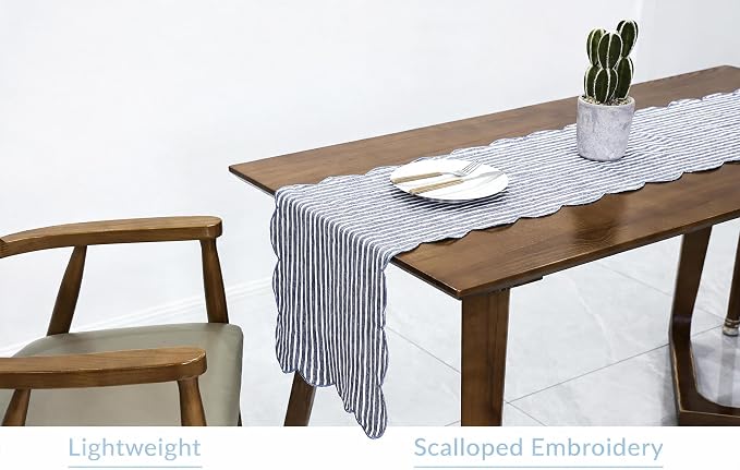 100% Natural Linen Rustic Scalloped Embroidery Table Runner 36 Inches, Linen - Image 4