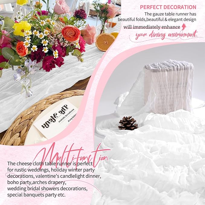 Showgeous 2 Pack White Cheesecloth Table Runners Boho Wedding Decor | Rustic - Image 6