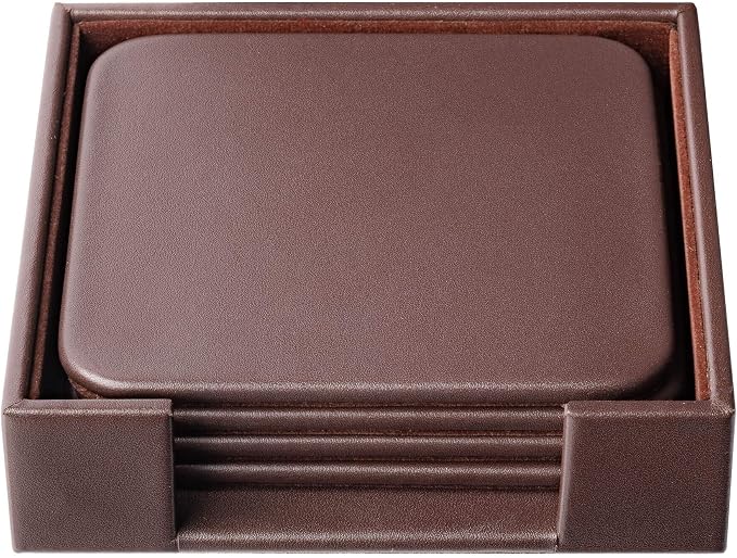 Chocolate Brown Genuine Leather 4" Round Coaster Set by Dacasso