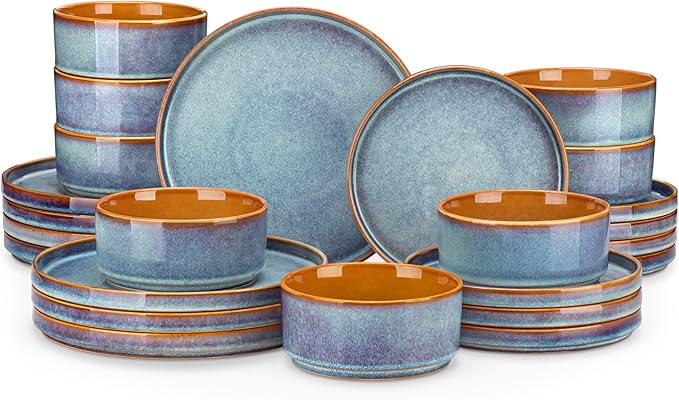 vancasso ONION Ceramic Plates and Bowls Sets, 24 Pieces Blue Dinnerware Sets by vancasso