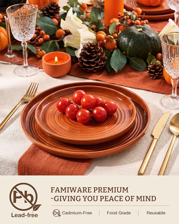 Dinnerware Set for 4, Ceramic Plates and Bowls, Terracotta | 12-Piece Ceramic - Image 2