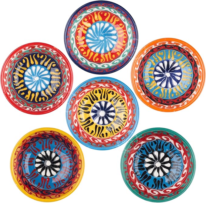 BCS Ceramic Salsa Bowls Set of 6 Small Pinch Bowls for Dipping, Cooking Prep & Charcuterie Board, Soy Sauce Dish, Multicolor Handmade Decorative Mini Serving Dishes Dishwasher Safe (3.2''-3 oz)
