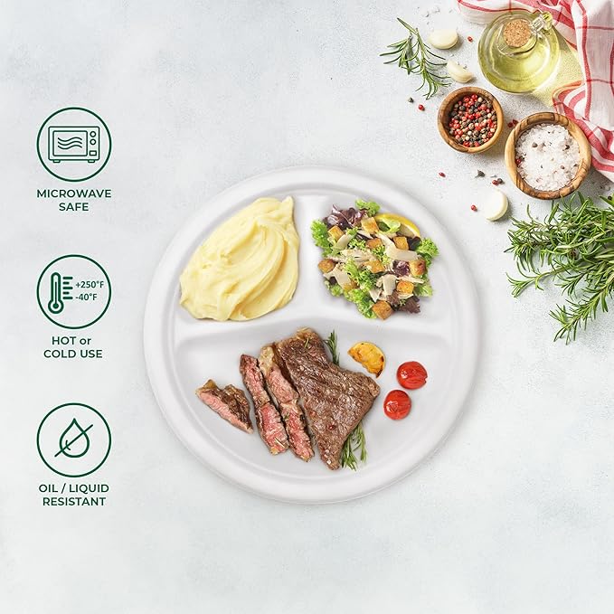 Freshware Paper Plates - Disposable 10" Plate, 500-Pack, Biodegradable Sugarcane Dinner Plates - Heavy Duty Dinnerware - Microwave & Freezer Safe, Stackable Dinnerware - 3-Compartment