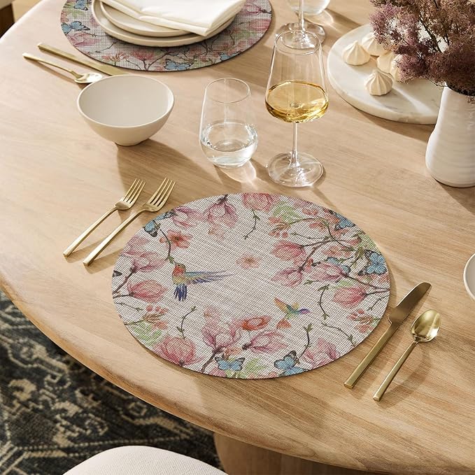 Artoid Mode Birds Flower Butterfly Round Placemats Set of 4, 15 Inch Plastic Woven Wipeable Non-Slip PVC Table Mats for Party Kitchen Dining Decor