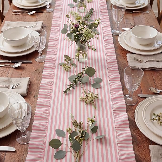 HunnmingRe Ruffle Trim Boho Table Runner Farmhouse Rustic Stripes Scalloped - Image 6